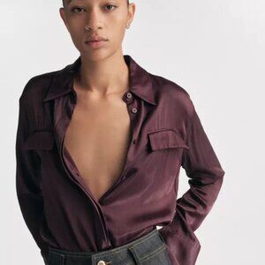 NWT Zara XS Burgundy Satin Buttoned Top Long Sleeve Minimalist Glam Quiet Luxury